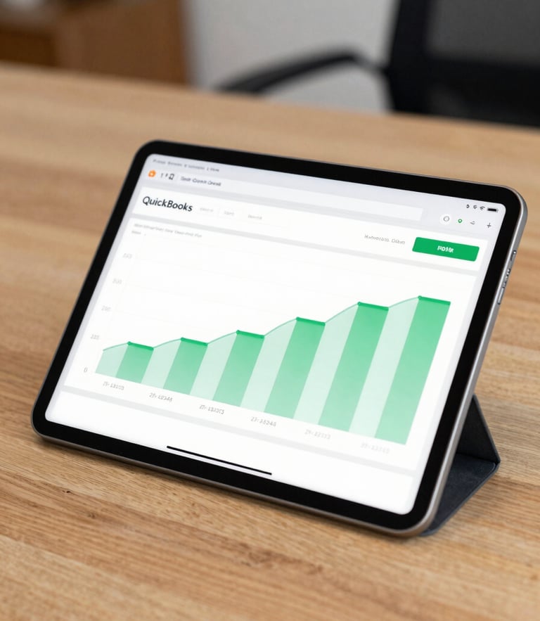 A close-up of a modern tablet displaying a clean QuickBooks financial dashboard with green graphs, resting on a clean wooden desk in a bright North Carolina office.