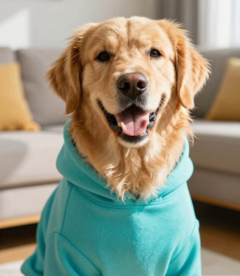 Close-up portrait of a happy golden retriever wearing a vibrant turquoise custom hoodie, sitting in a sunlit living room, warm editorial photography, shallow depth of field