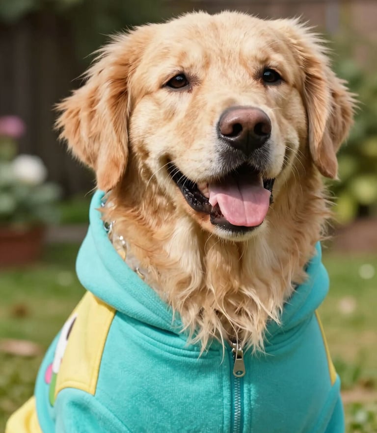 Close up of a happy golden retriever wearing a colorful handmade turquoise hoodie, bright natural daylight, soft focus garden background