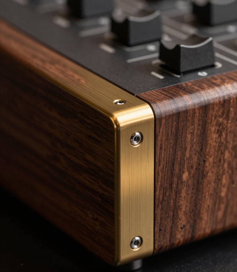 Macro close-up of textured dark walnut wood meeting brushed brass accents on a premium audio console, soft low-temperature golden light, deep shadows