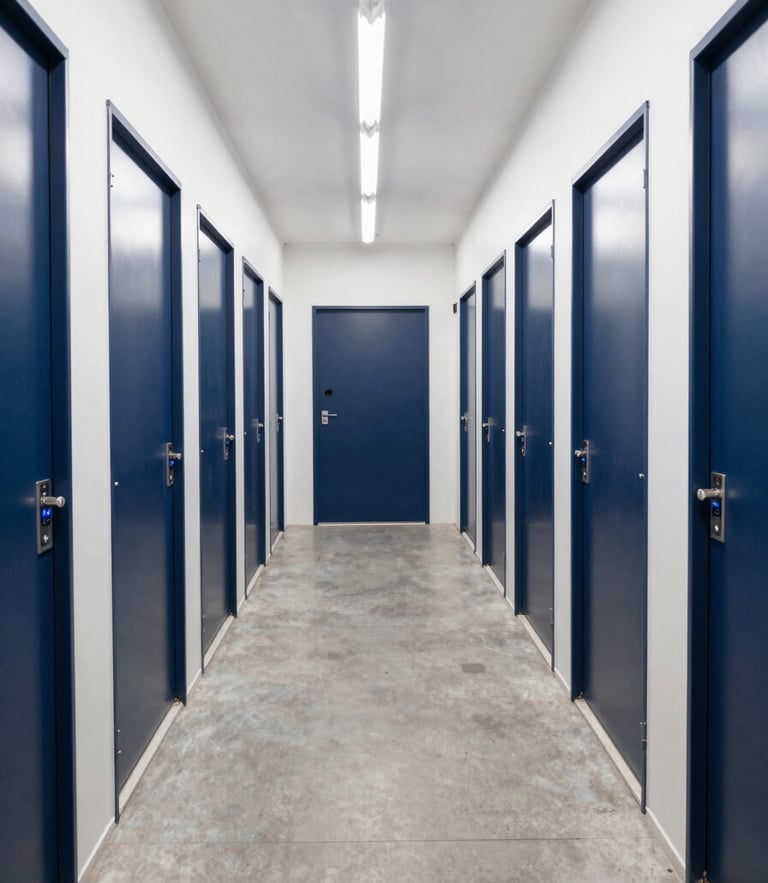 Symmetrical, brightly lit corridor of a premium self-storage facility with clean concrete floors, heavy-duty navy steel doors, and electronic security keypads.
