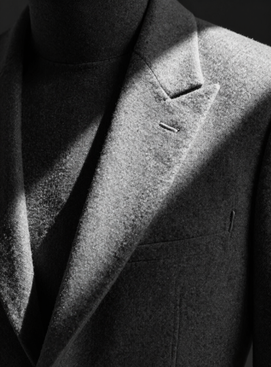 Extreme close-up of garment construction showing hand-finished seams on structured heavy wool, high-contrast directional studio lighting, deep shadows, minimalist monochrome tones, 35mm lens