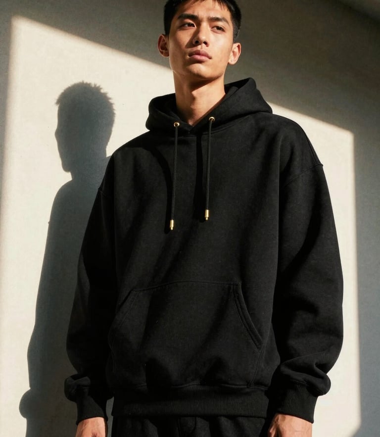 Low-angle heroic shot of a model in a heavyweight black oversized hoodie, harsh direct sunlight casting deep shadows, golden hour gleam on gold hardware, 35mm film grain