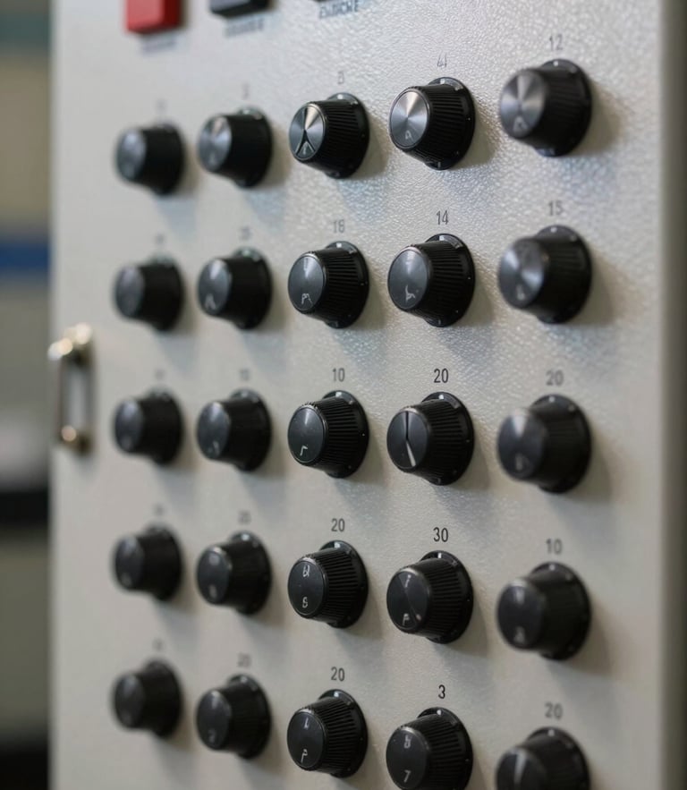 Macro shot of a modern physical control panel with precise dials and switches, clean neutral studio lighting