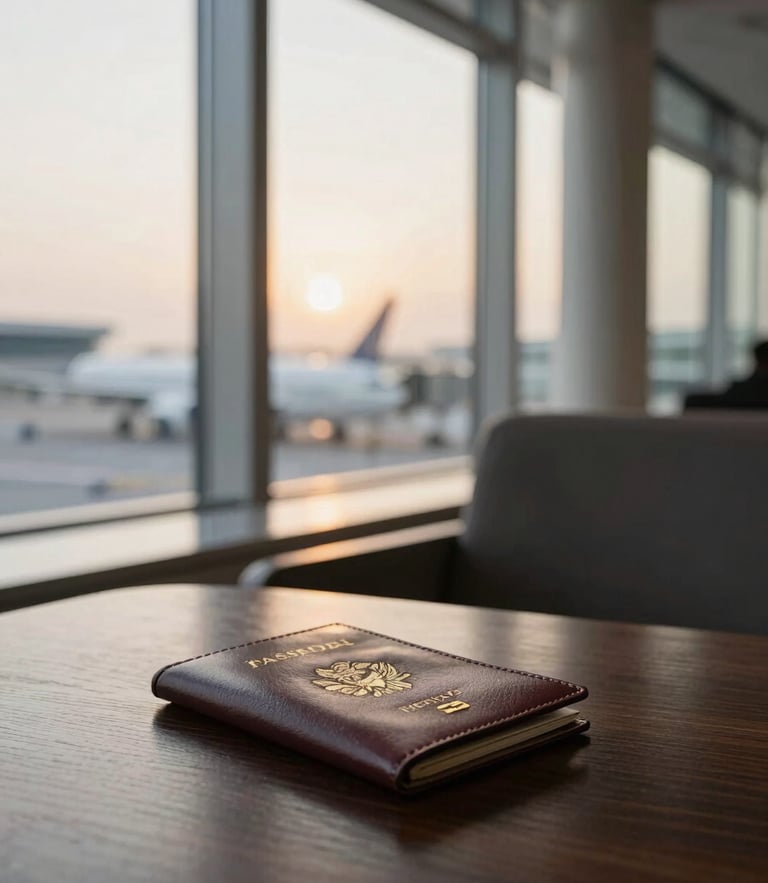 A quiet, elegant airport lounge corner, soft golden hour light filtering through tall windows, a leather passport holder resting on a dark wood table, 35mm editorial travel photography