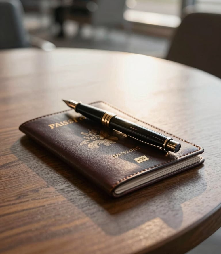 Close-up of a premium leather passport holder and vintage fountain pen resting on a polished wooden table in a quiet airport lounge, soft golden hour light, 35mm