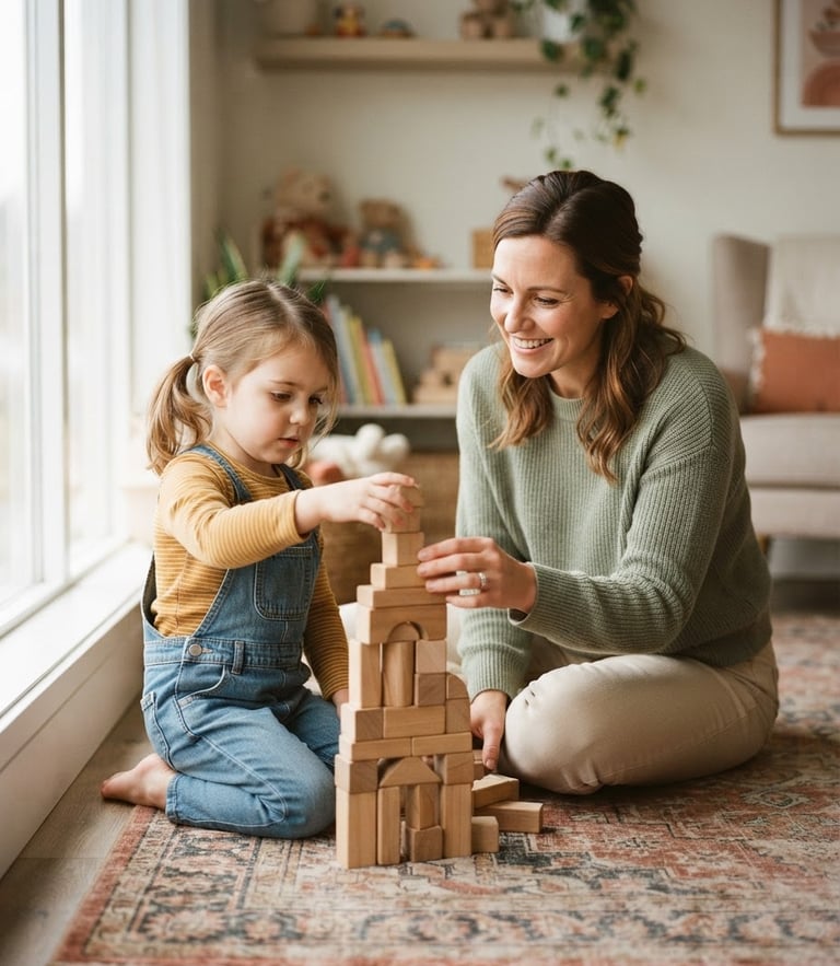 A therapist interacting warmly at eye level with a child building with wooden blocks, soft natural window light, gentle desaturated sage and warm sand tones, shallow depth of field, 35mm
