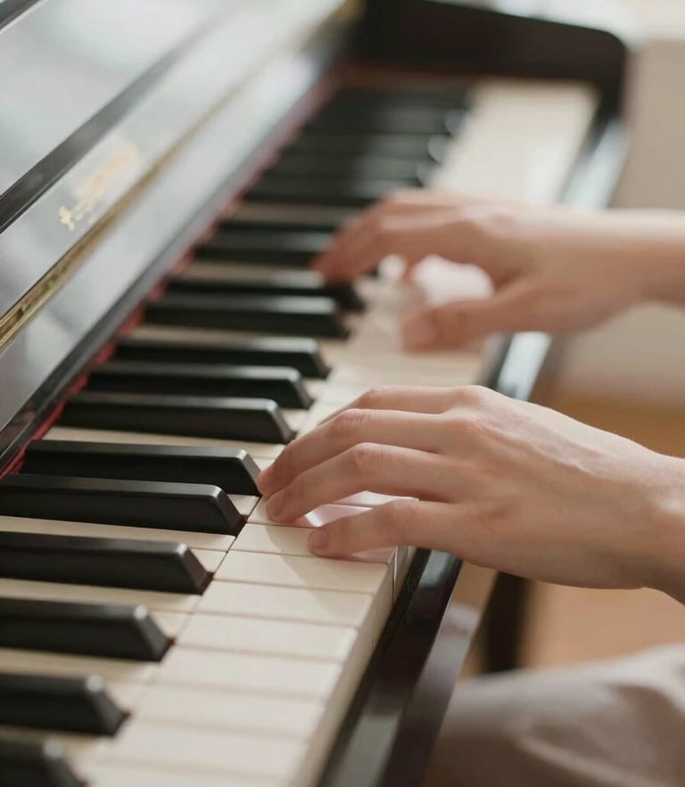 Close-up of gentle hands resting on piano keys under soft diffused natural daylight, warm calming atmosphere, shallow depth of field