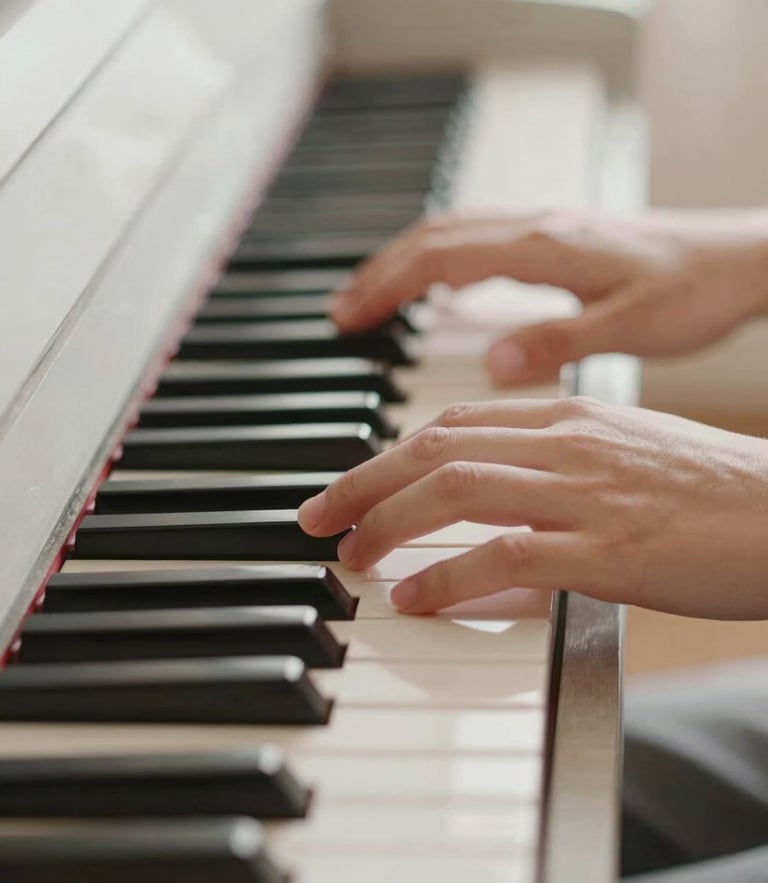 Close-up of hands gently pressing piano keys, soft diffused daylight, muted pastel tones, shallow depth of field, warm and calming atmosphere