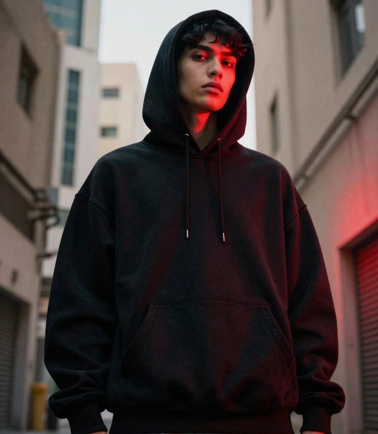 Low-angle heroic shot of a model in an oversized black hoodie, dramatic red neon rim lighting, industrial Doha alley background, 35mm film grain.