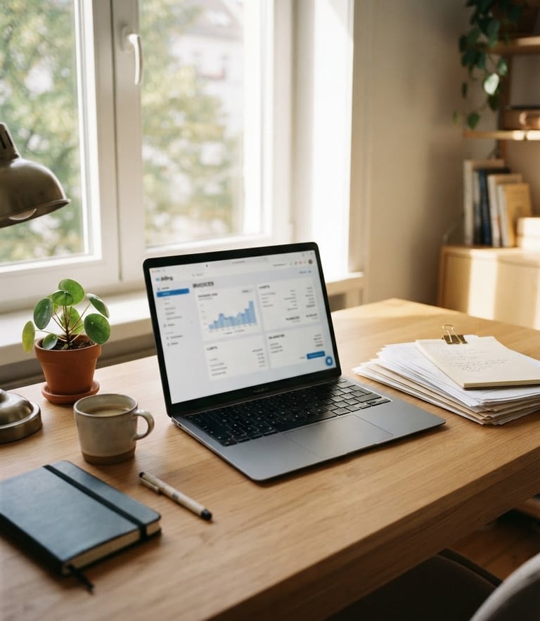 A clean, organized modern office desk with a neat stack of paperwork, a sleek laptop screen showing billing software, warm natural sunlight streaming from a window, 35mm photography.