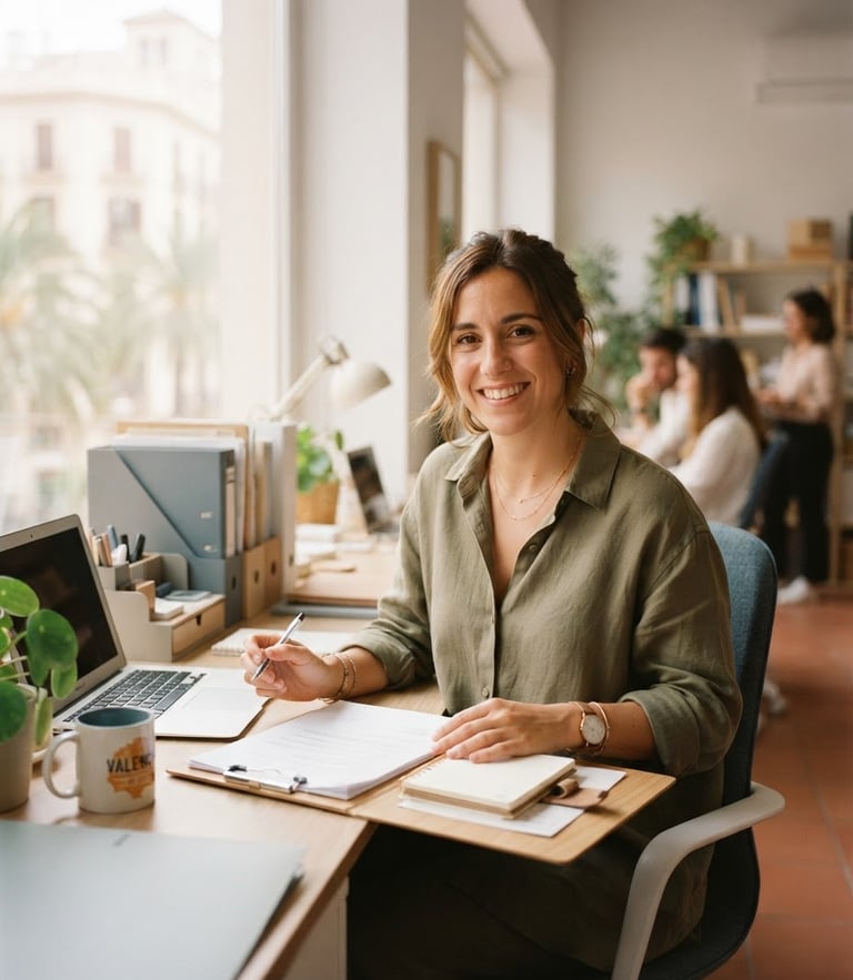 A warm editorial portrait of an organized administrative specialist in a bright, sunlit Valencia office, soft natural light, muted slate and sand tones, 35mm