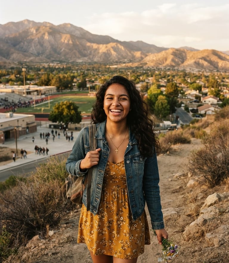 A local high school senior smiling outdoors in Banning, warm golden-hour light, mountain backdrop, authentic community focus