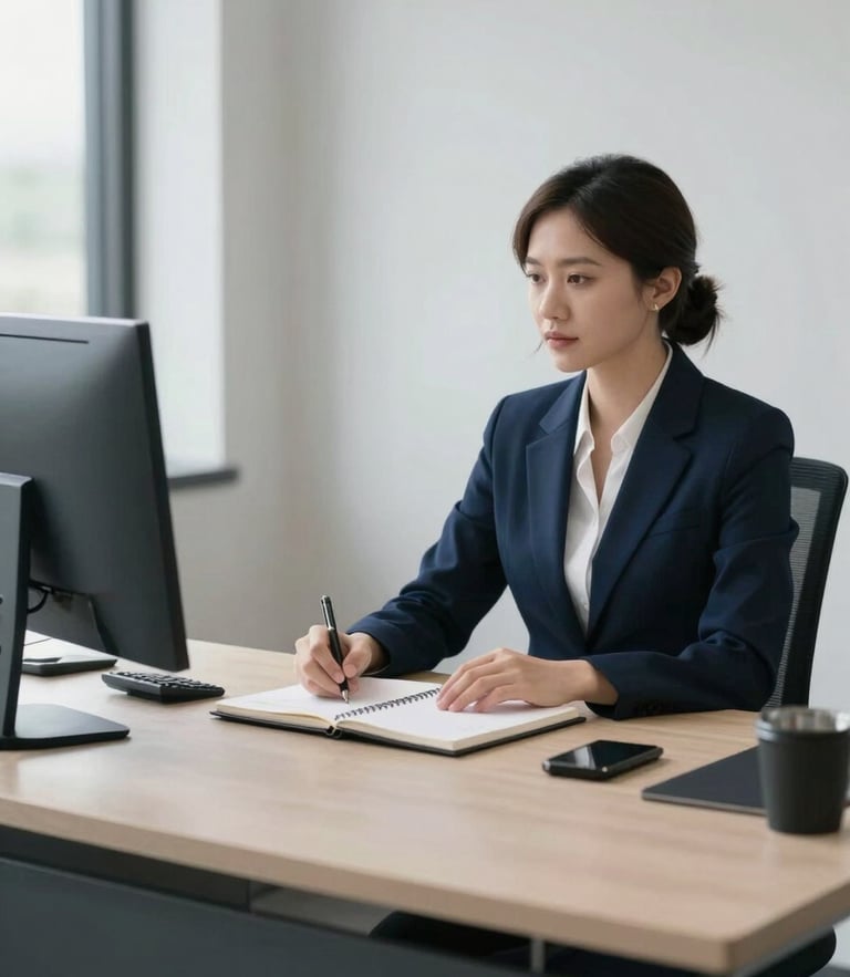 A bright, professional executive workspace in Da Nang, soft natural daylight, minimalist desk with a clean notebook, deep navy accents, sober editorial photography.