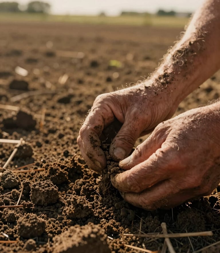 A close-up of weathered hands examining soil texture in a sunlit field, warm agrarian tones, low-angle light