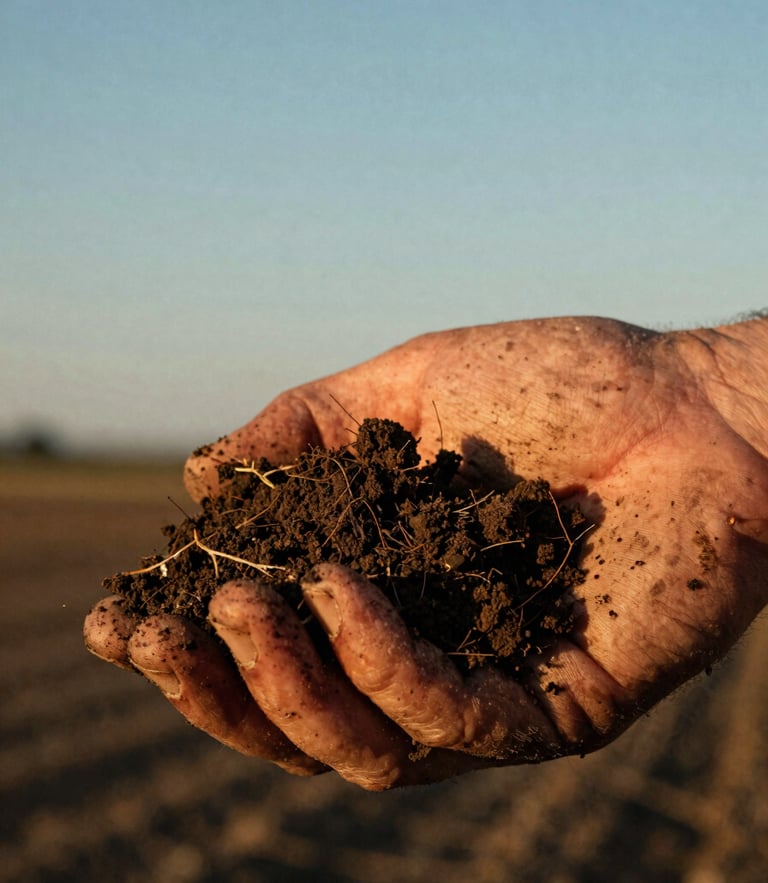 Low-angle golden hour shot of a weathered hand holding rich dark Idaho soil, high-contrast tactile details, 35mm film style