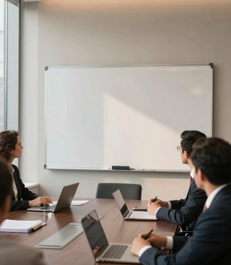 A collaborative whiteboard session in a high-end Dubai boardroom, warm natural window daylight, sophisticated muted tones, 35mm
