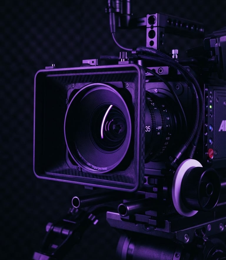Extreme close-up of a professional cinema camera rig in a dark studio, sharp electric violet rim lighting reflecting on the lens, high-tech nocturnal atmosphere, 35mm lens focus.
