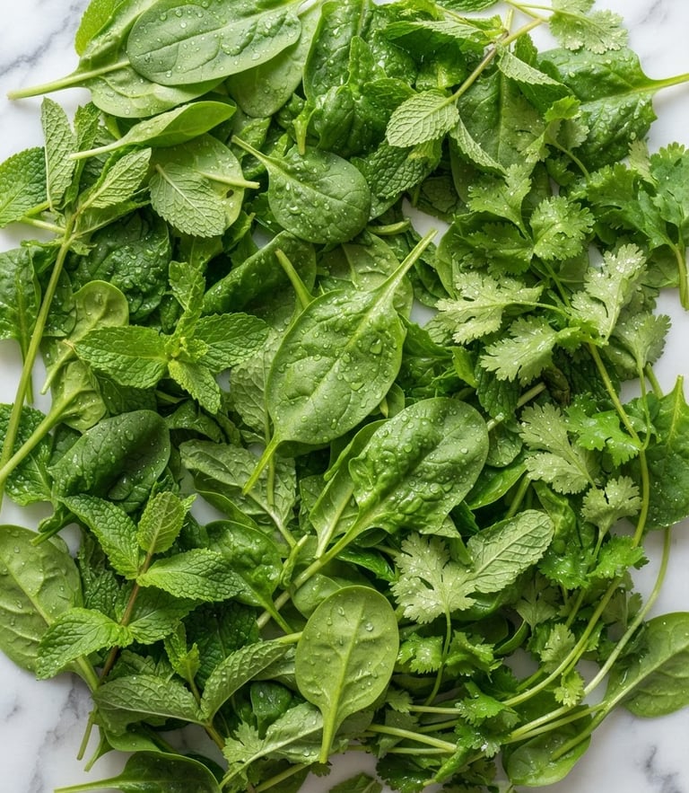 Overhead flat-lay of vibrant green spinach, mint leaves, and fresh coriander with morning dew drops on a clean white marble surface, bright natural morning sunlight