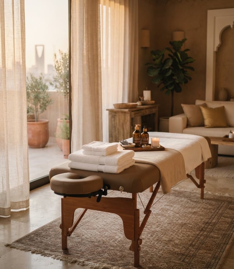 Warm editorial photography of a portable massage table set up in a softly lit, elegant Riyadh home interior, pristine folded towels, high-end oils, diffused golden hour window light filtering through sheer curtains, shallow depth of field, 35mm