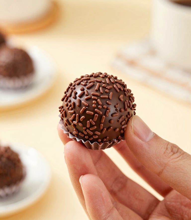 Macro close-up of a hand holding a beautifully rolled chocolate brigadeiro with glossy sprinkles, bright natural kitchen light, warm pastel background