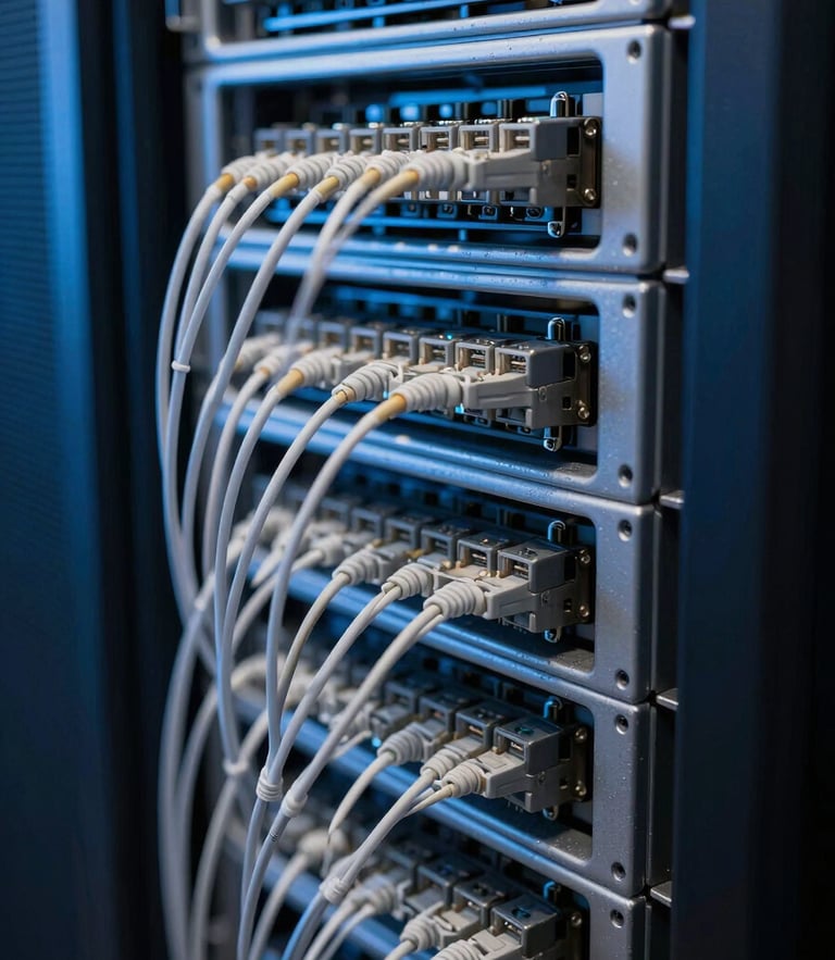 Macro close-up of high-density server racks, cool-toned blue and white LED accents, low-key high-contrast lighting, sharp focus on fiber optic connectors.