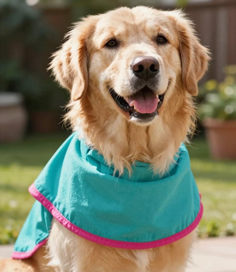 A joyful golden retriever wearing a bright handcrafted teal poncho, smiling, warm natural sunlight, outdoor garden setting