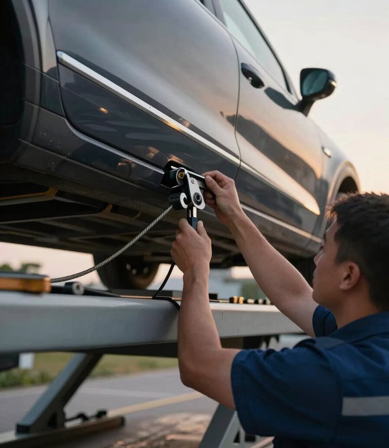 Low angle shot of a professional uniformed towing operator securing a modern sedan onto a hydraulic platform, focus on the steel cable and technical anchoring process, natural evening light.