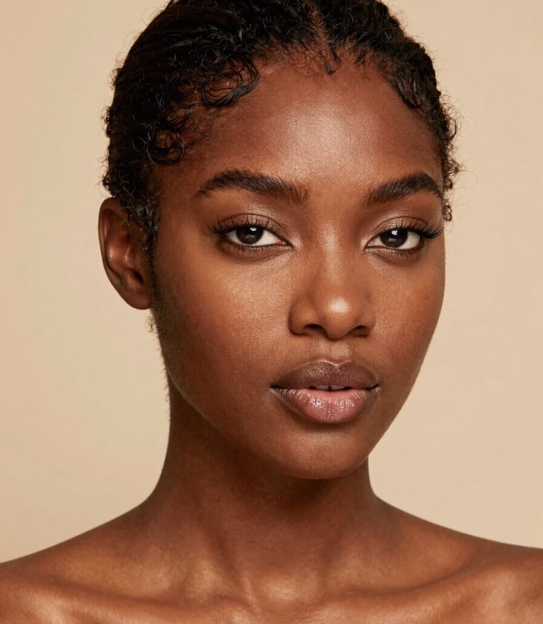 Editorial studio portrait of a Black model with flawless high-definition lace wig, soft gold lighting, warm beige background, 35mm lens