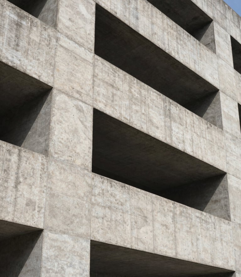 Low-angle heroic shot of a brutalist concrete building facade, raw texture, sharp geometric shadows, bright daylight