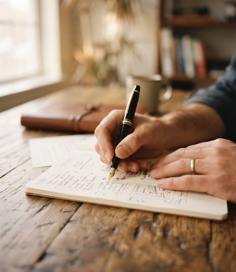 Close-up of hands holding a fountain pen over planning documents on a solid oak table, soft morning window light, shallow depth of field, warm 35mm photography