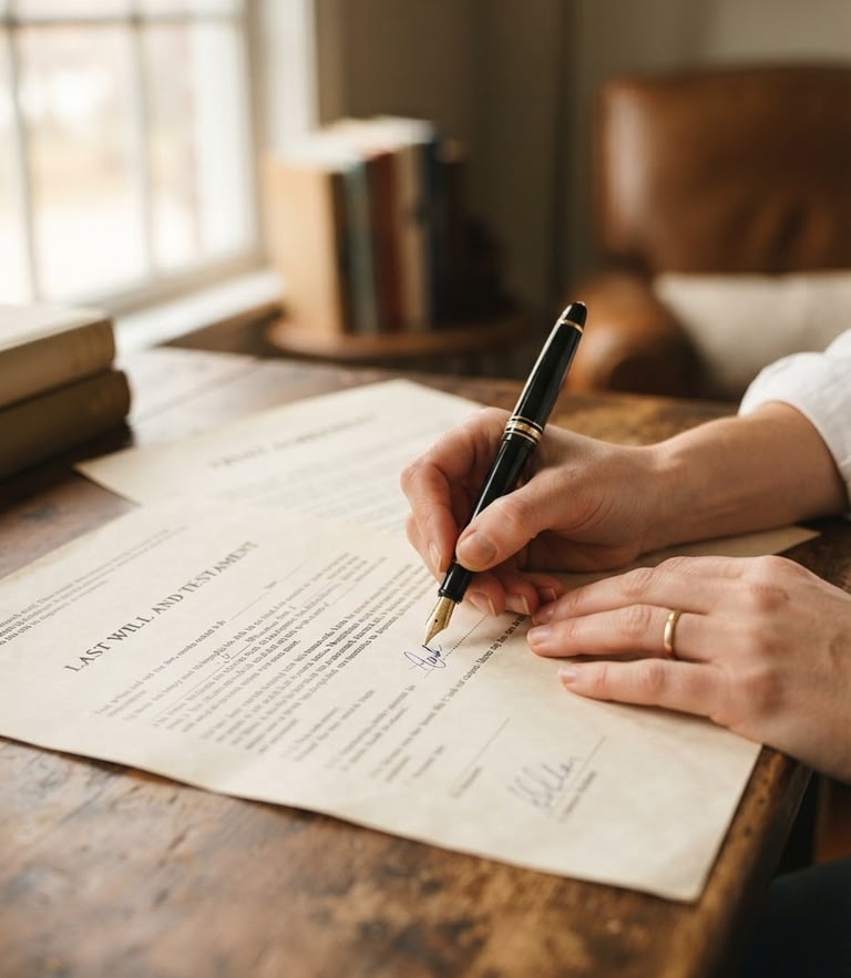 A close-up of hands holding a fountain pen over estate documents, soft warm window light, shallow depth of field, 35mm photography