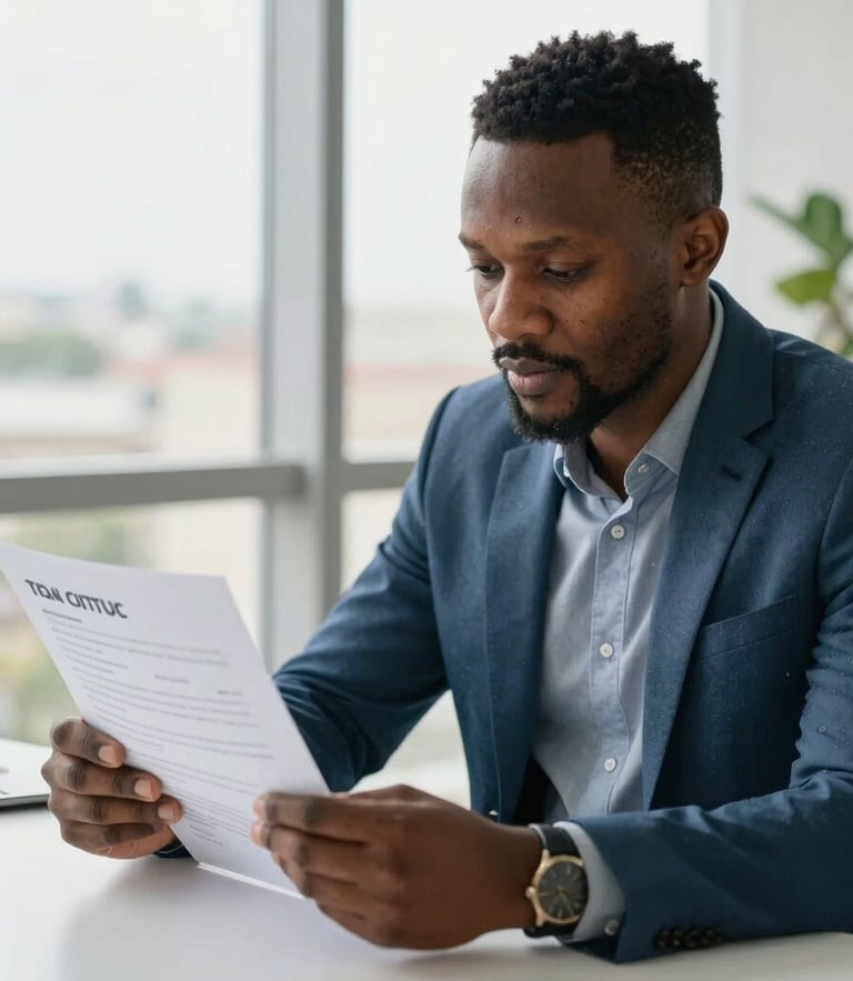A focused Cameroonian professional in a bright, modern Douala office, reviewing a printed CV with notes, natural window light, medium close-up.