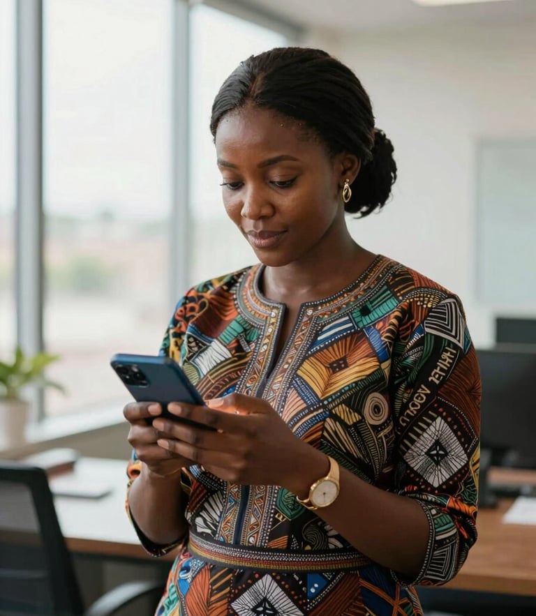 A professional Cameroonian woman in a bright Douala office viewing her smartphone screen, natural window light, focused expression.