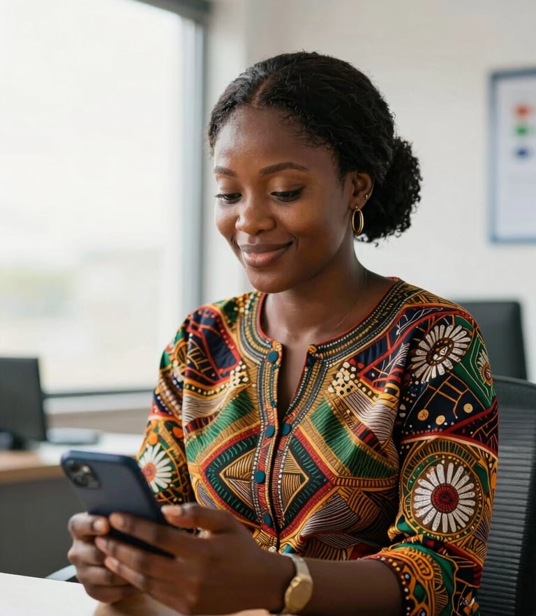 A professional Cameroonian woman in a bright Douala office, holding a smartphone and smiling, natural daylight from a window.