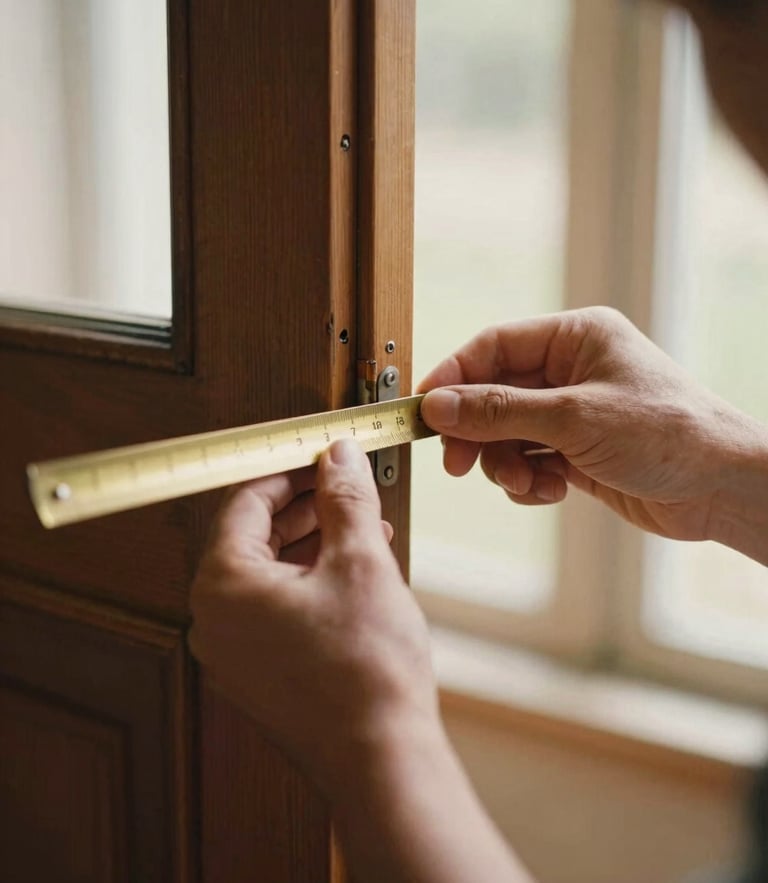 Close-up of craftsman hands measuring a vintage wooden door joint with a classic brass ruler, warm natural window light, shallow depth of field, 35mm film look