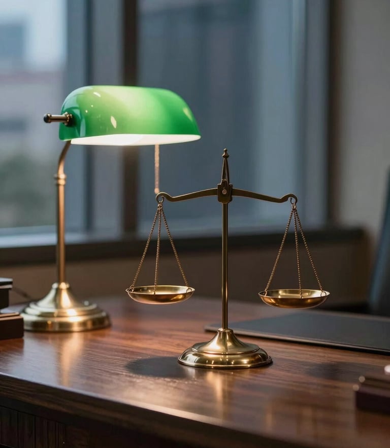 Warm editorial photography of a prestigious lawyer wood desk, classic green banker lamp, brass scales of justice, soft corporate window light, shallow depth of field, 35mm