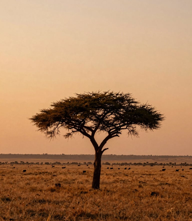 Warm golden hour light flooding a wide Serengeti landscape, a single acacia tree silhouetted against a dusty terracotta sky, minimalist editorial framing.