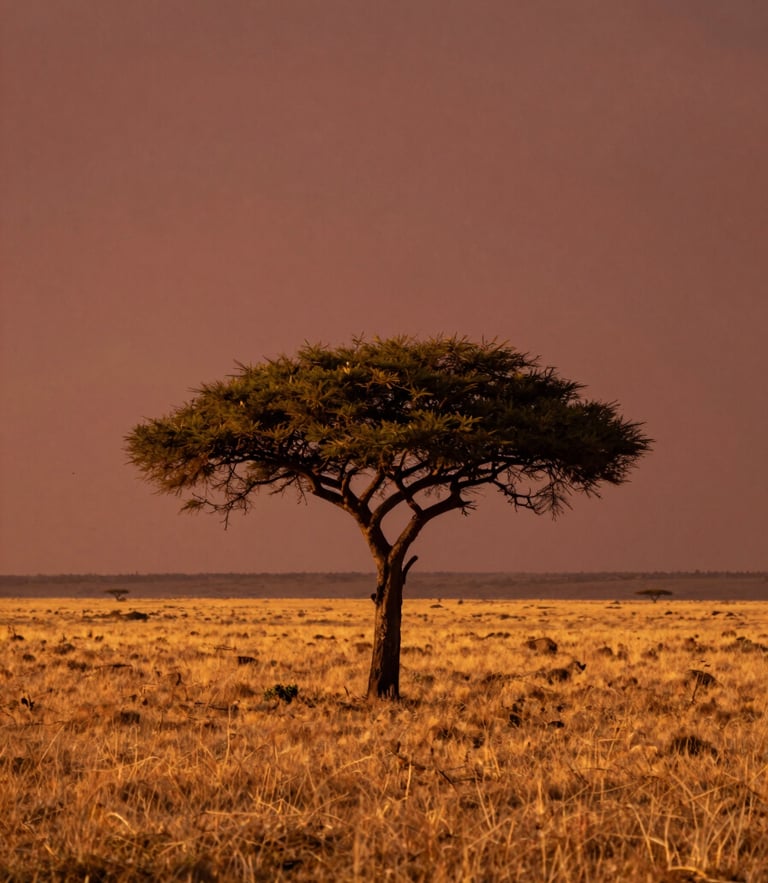 Warm golden hour light falling on a vast Tanzanian savannah, a single acacia tree silhouette against a deep terracotta sky, spacious composition