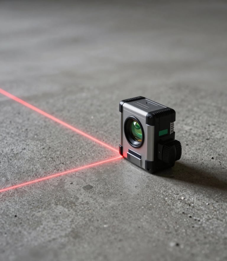Tight macro shot of a laser level casting a sharp red line across a perfectly prepped, clean concrete subfloor, high-contrast directional work light.