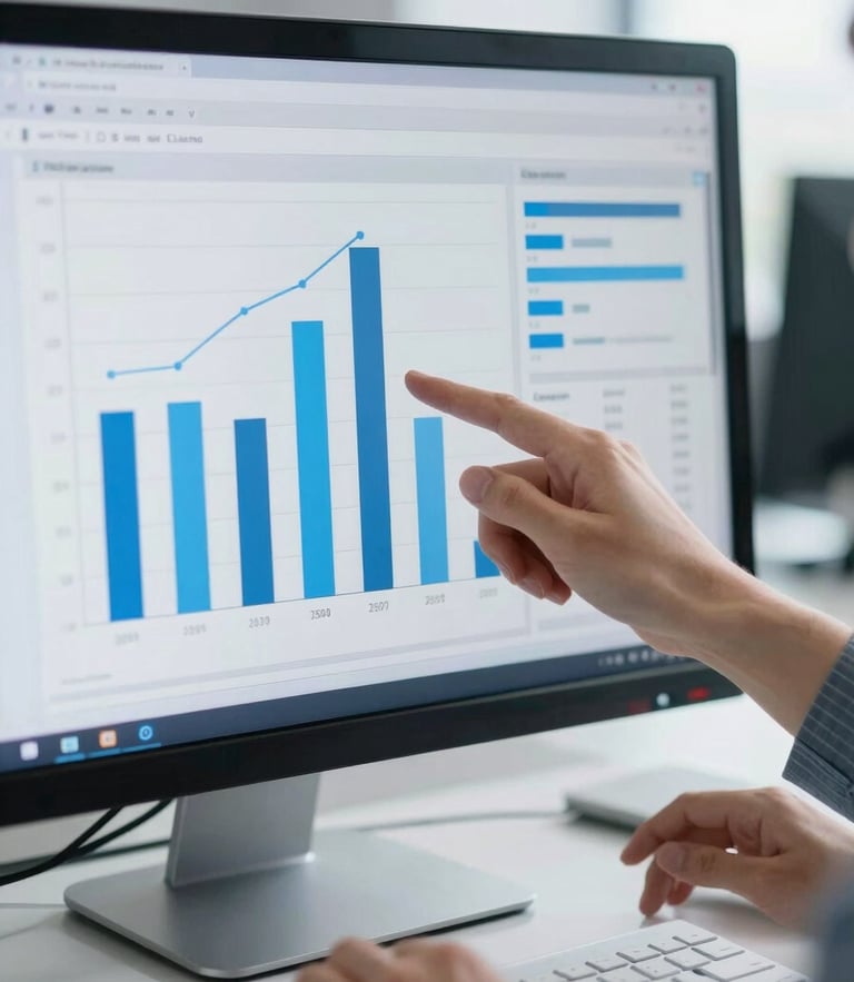 A close-up of hands analyzing data charts on a clean monitor screen, crisp cool-toned office daylight, slate and electric blue tones, sharp focus, 35mm.