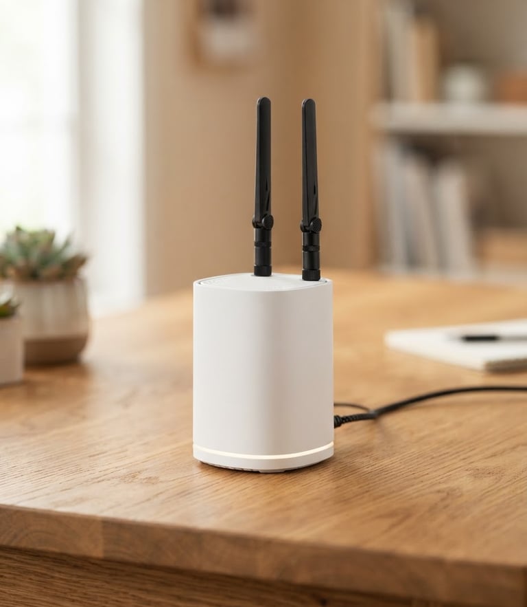 A clean physical hardware node with antennas sitting on a warm wooden desk, soft natural daylight, shallow depth of field