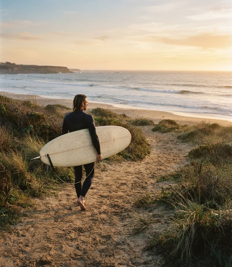 A solitary surfer walking along a quiet sandy path toward the ocean, carrying a classic longboard under one arm, soft golden-hour light, cinematic 35mm film.