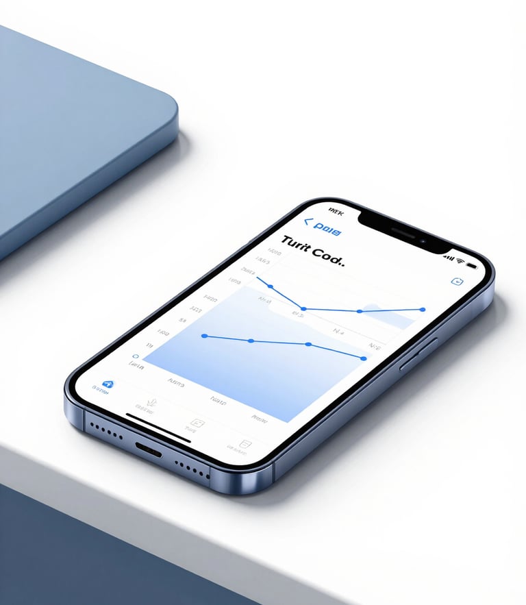 Sleek modern smartphone displaying a clean network signal graph on a desk, bright high-key studio lighting, slate blue accents