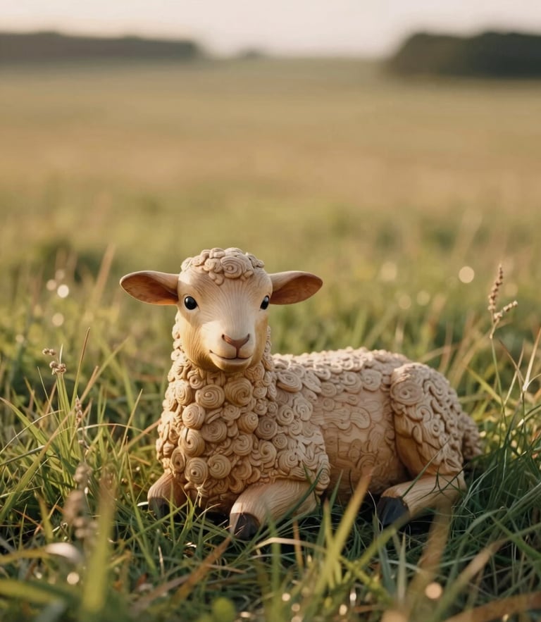 Soft golden-hour sunlight filtering through a vast open pasture, a single hand-carved wooden lamb resting in the tall grass, shallow depth of field, 35mm film style.