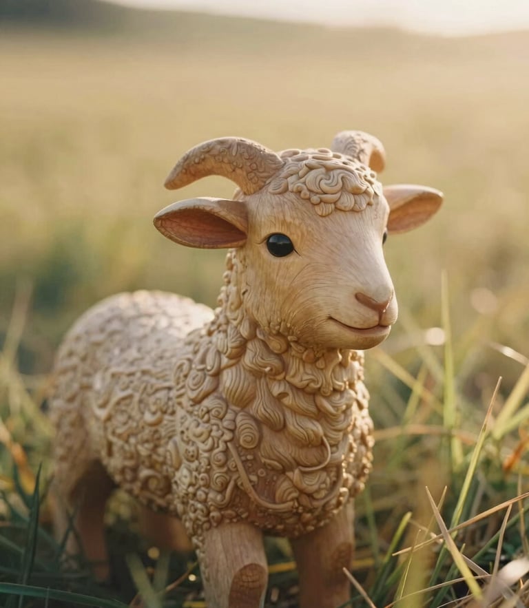 Close-up of a hand-carved wooden lamb nestled in soft, golden-hour grass, warm sunlight backlighting the scene, shallow depth of field, 35mm film.