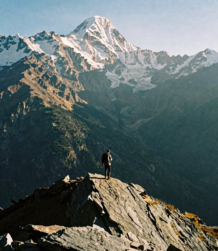 Dramatic high-contrast 35mm film shot of a lone trekker standing on a sharp slate ridge in the Indian Himalayas, golden-hour low-angle sunlight casting long shadows, massive snow-capped peaks towering in the background.