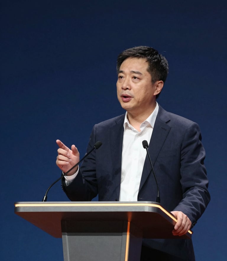 A dynamic corporate leader speaking at a podium under high-contrast spotlight, deep slate blue background, warm amber rim light, modern editorial style.