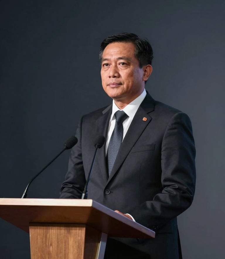 Professional Indonesian business leader standing confidently by a podium, dramatic spotlighting, deep slate tones, crisp 50mm lens, modern editorial style