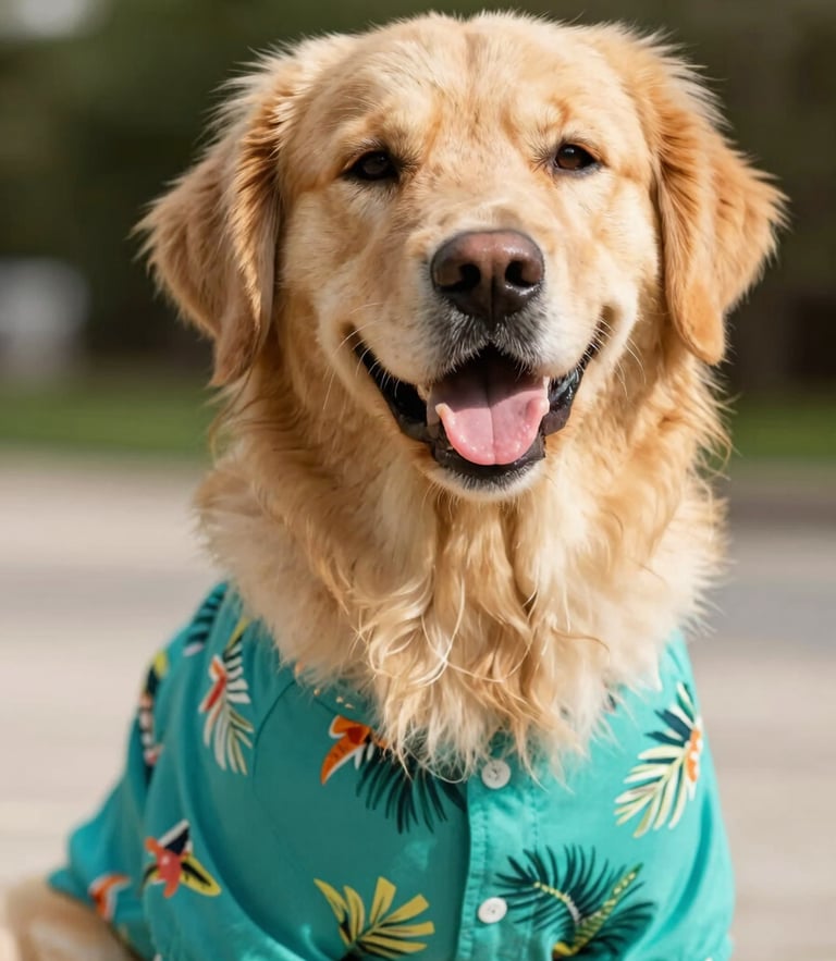 Eye-level shot of a happy Golden Retriever wearing a vibrant tropical teal shirt, bright natural daylight, cheerful warm tones, shallow depth of field.